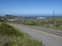 there is an empty paved road by the ocean with grass and bushes in the foreground