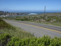 there is an empty paved road by the ocean with grass and bushes in the foreground