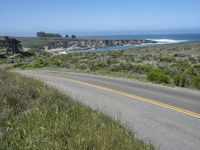 there is an empty paved road by the ocean with grass and bushes in the foreground