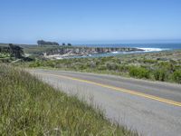 there is an empty paved road by the ocean with grass and bushes in the foreground