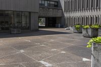 the concrete planters are empty outside of the building, surrounded by flowers and buildings