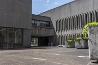 the concrete planters are empty outside of the building, surrounded by flowers and buildings