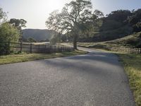 an empty country road with a fence on the side and some grass and trees to the side