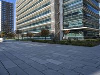 an empty courtyard in front of a very tall glass building with trees, plants and grass