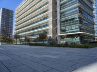 an empty courtyard in front of a very tall glass building with trees, plants and grass