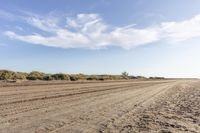 an empty dirt road with a lone blue truck in the distance as someone on the beach prepares to catch a frisbee