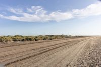 an empty dirt road with a lone blue truck in the distance as someone on the beach prepares to catch a frisbee