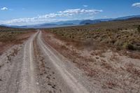 an empty gravel road with mountains in the distance and grass on either side of the road