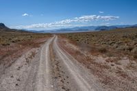 an empty gravel road with mountains in the distance and grass on either side of the road