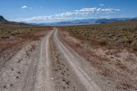 an empty gravel road with mountains in the distance and grass on either side of the road