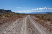 an empty gravel road with mountains in the distance and grass on either side of the road