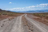 an empty gravel road with mountains in the distance and grass on either side of the road