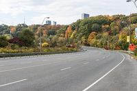 an empty highway with signs on both sides and autumn trees in the background as well