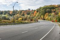 an empty highway with signs on both sides and autumn trees in the background as well