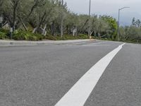 car driving on empty highway through forest and hills with traffic lights above it, with a white truck at its stop light in distance