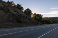 an empty highway with a stop sign in the sunset light behind it and a forest in the distance