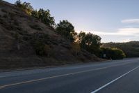 an empty highway with a stop sign in the sunset light behind it and a forest in the distance