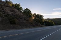 an empty highway with a stop sign in the sunset light behind it and a forest in the distance