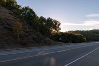 an empty highway with a stop sign in the sunset light behind it and a forest in the distance