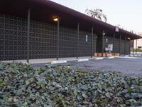 an empty parking lot with benches and plants on the side of it and buildings behind