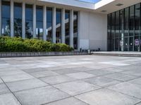 there are buildings and plants outside a building that is empty, with glass windows looking on