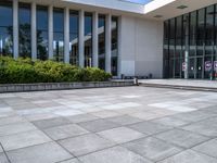 there are buildings and plants outside a building that is empty, with glass windows looking on