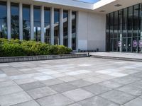 there are buildings and plants outside a building that is empty, with glass windows looking on