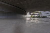 an empty parking garage with concrete floors and walls and no chairs in it and palm trees