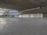 an empty parking garage with concrete floors and walls and no chairs in it and palm trees