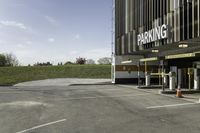 this is an image of parking garages with no cars in them is empty and waiting