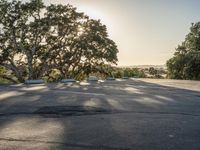 a empty parking lot with two cars in the background and trees on both sides of the parking lot