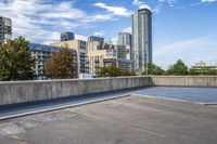 empty parking lot next to tall buildings with blue sky and clouds in the background in a city