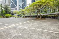 an empty parking lot filled with plants and trees in a city setting in front of a tall glass building