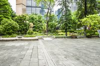 an empty parking lot filled with plants and trees in a city setting in front of a tall glass building