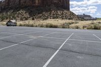 an empty parking lot next to the cliffs of a large rock formation and a parking meter on the opposite side