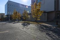 this is an empty parking lot with trees in front of a building and one street