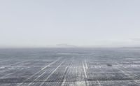 an empty plane on the runway with some snow on it and a large island in the background