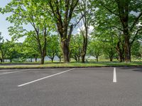 an empty parking lot surrounded by trees on a sunny day or day with the sunlight shining down