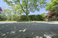 a parking lot is empty, there are trees and bushes all around the area for shade