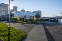 an empty parking lot surrounded by tall buildings and green grass in front of it, surrounded by two rows of trees