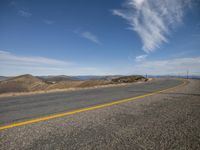 empty paved road with yellow markings at the edge of the desert landscape and blue sky above