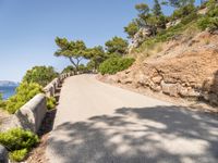 an empty paved road near the ocean on a sunny day with the blue sky and trees