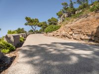 an empty paved road near the ocean on a sunny day with the blue sky and trees