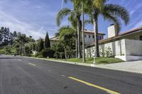 a street view of an empty residential neighborhood, with palm trees, white brick houses and green grass