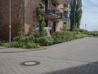 an empty road is lined with apartment buildings in the background and on either side there is a street sign with trees