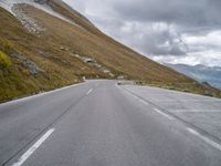 an empty road winds through the mountain with a sheep grazing along the roadway in front of it