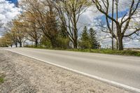 the empty road in the country side is lined by trees and a grassy area to the right of the road