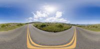 two identical images show a bend in the middle of an empty road and there are fields on both sides and a sun - filled sky with clouds overhead