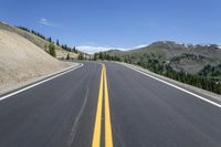 an empty road is lined with a mountain and trees in the background, with a blue sky above