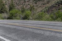 an empty road has trees and mountains near by it and a stop sign on the side of it